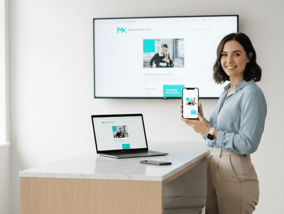 Zufriedene Kundin präsentiert ihre neue Website von Marktkomplizen auf Laptop und Smartphone in der Schweiz